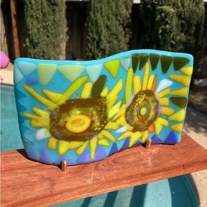 Southwest Sunflowers Handmade Fused Art Glass Wave “9”x 5.5” W/ Wood Base
